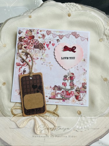 Romantyczny zestaw handmade - kartka + tag w formie tabliczki czekolady - idealny zestaw na walentynki