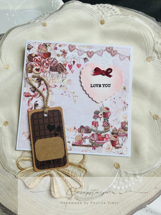 Romantyczny zestaw handmade - kartka + tag w formie tabliczki czekolady - idealny zestaw na walentynki