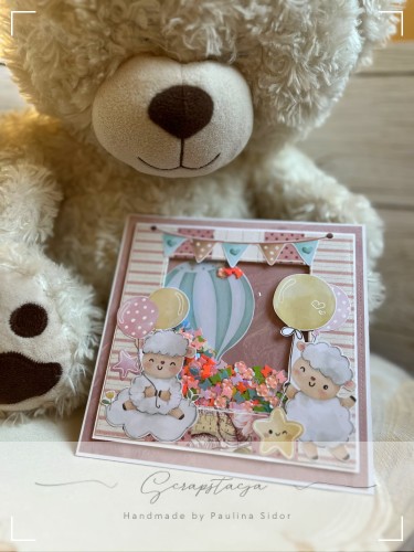 Pastelowa kartka handmade z owieczkami i balonami