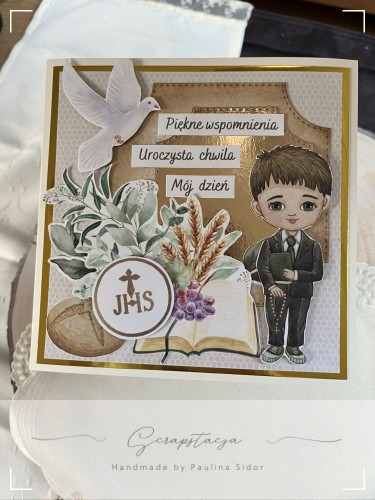 Kartka komunijna dla chłopca z symbolami eucharystycznymi