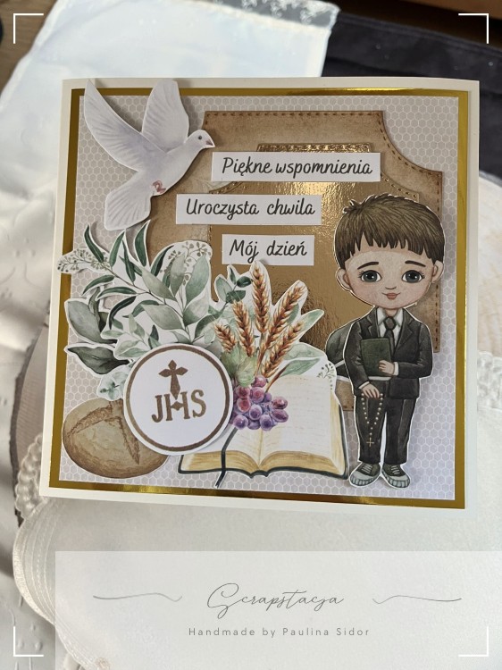 Kartka komunijna dla chłopca z symbolami eucharystycznymi