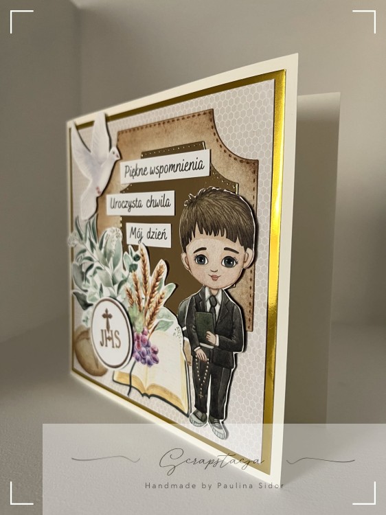 Pamiątkowa kartka komunijna z ilustracją chłopca