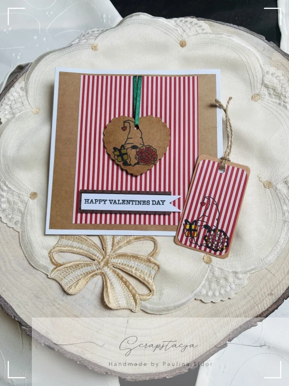 Zestaw handmade - kartka i tag z motywem skrzata
