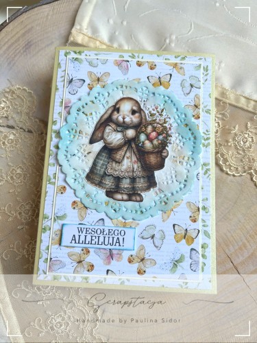 Ręcznie robiona kartka wielkanocna z króliczkiem i pastelowymi motylami
