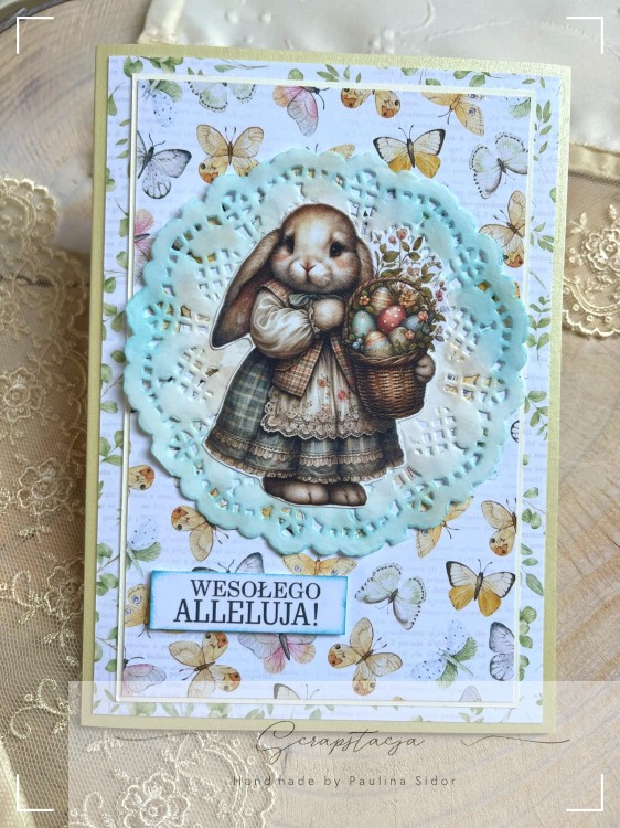 Elegancka kartka handmade z motywem wielkanocnym i koszyczkiem pisanek