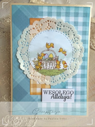 Ręcznie robiona kartka wielkanocna z kurczaczkami i koszyczkiem pisanek