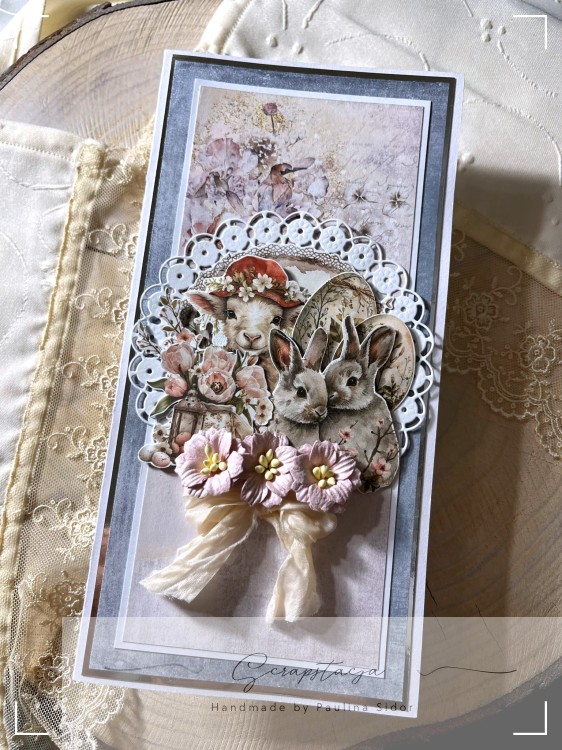 Elegancka kartka wielkanocna z wiosenną kompozycją i papierowymi kwiatami