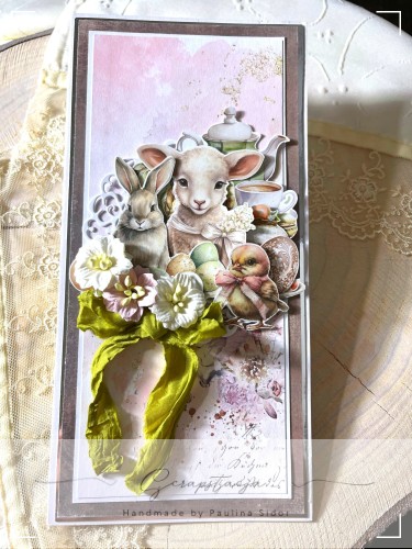 Pastelowa kartka handmade z wiosenną kompozycją i kwiatami
