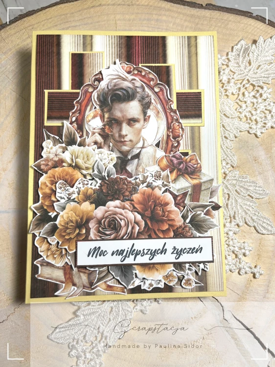 Elegancka, pełna szyku kartka dla wyjątkowego mężczyzny. Kolorystyka w stylu retro, beże, brązy, wiśnia i odrobina błękitu. Punkt centralny stanowi grafika eleganckiego mężczyzny i kompozycja kwiatowa. Całość dopełnia napis Moc najlepszych życzeń.