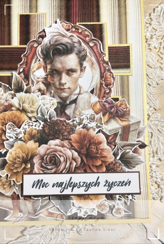 Elegancka, pełna szyku kartka dla wyjątkowego mężczyzny. Kolorystyka w stylu retro, beże, brązy, wiśnia i odrobina błękitu. Punkt centralny stanowi grafika eleganckiego mężczyzny i kompozycja kwiatowa. Całość dopełnia napis Moc najlepszych życzeń.