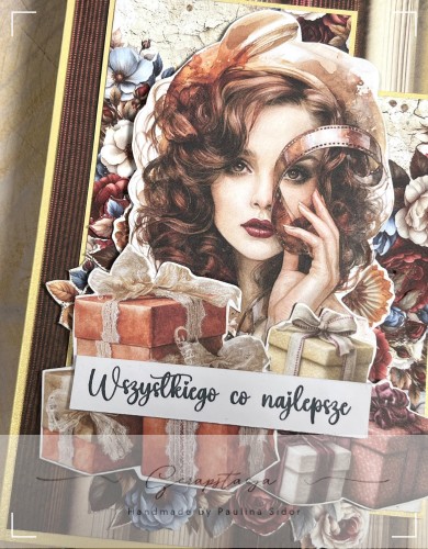 Wyjątkowa kartka kobieca. Kolorystyka nawiązuje do retro, subtelne beże, brązy, elegancka wiśnia i trochę błękitu. Punkt centralny stanowi grafika eleganckiej kobiety. Całość dopełnia napis Wszystkiego co najlepsze.