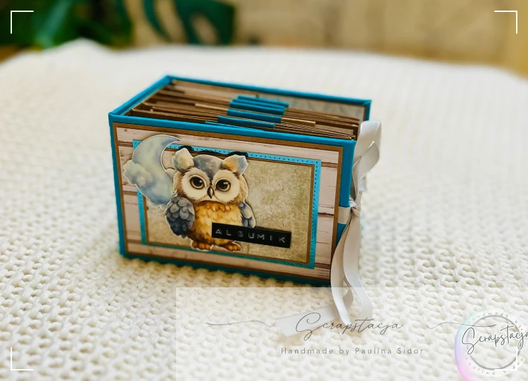 Okładka mini albumiku na zdjęcia z Instaxa, w kolorach błękitu z uroczą sówką na froncie.