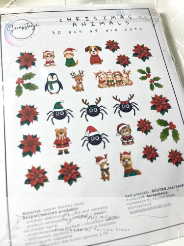 Paczka 30 elementów wyciętych i gotowych do użycia. Grafiki to urocze zwierzątka w świątecznych ubraniach a także elementy dekoracyjne.