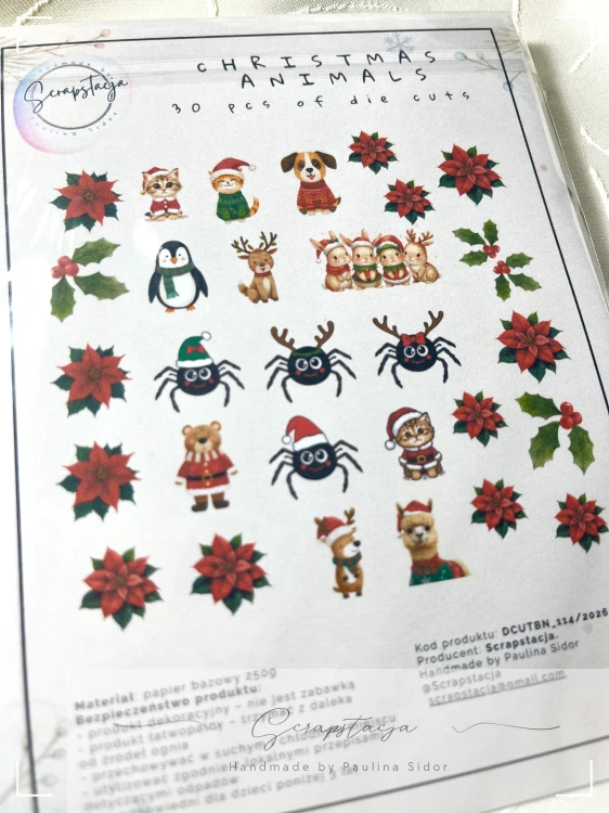 Paczka 30 elementów wyciętych i gotowych do użycia. Grafiki to urocze zwierzątka w świątecznych ubraniach a także elementy dekoracyjne.